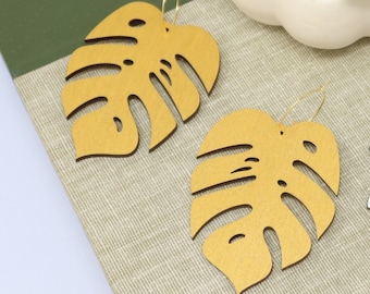 Oversized Gold Monstera Leaf Hoops, Hand Painted Wooden Monstera Leaf Earrings, Statement Tropical Swiss Cheese Plant Hypoallergenic Hoops