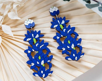 Bluebonnet Statement Earrings, Texas Spring Flower Earrings, Hand Painted Wooden Blue Bonnet Earrings, Texan