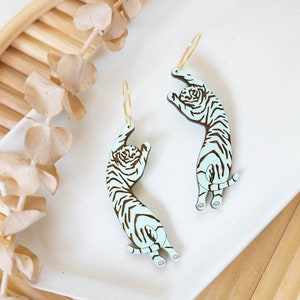 Mint Tiger Hoop Earrings, Light Blue Hand-Painted Tiger Earrings, Mint Green Wood Hoops image 1