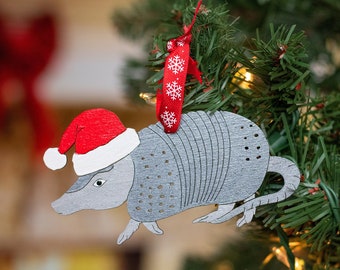 Holiday Armadillo Ornament, Hand-Painted Wooden Texas Christmas Decor, Funny Christmas Orrnament
