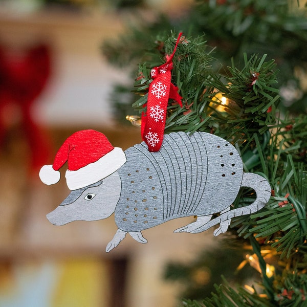 Holiday Armadillo Ornament, Hand-Painted Wooden Texas Christmas Decor, Funny Christmas Orrnament