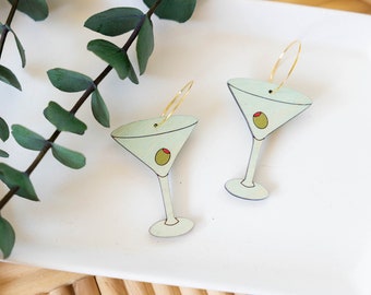 Martini Glass Hoop Earrings, Hand Painted Wooden Earrings, 50s Cocktail Lounge, Mid Century Modern, Palm Springs, Miami Chic