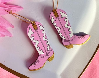 Pink Cowgirl Boot Earrings, Southwestern Boot Hoops, Texas Cowboy Boots, Coastal Cowgirl