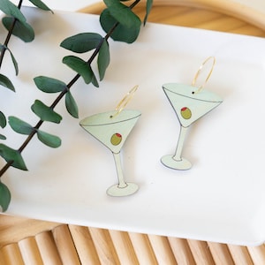 Martini Glass Hoop Earrings, Hand Painted Wooden Earrings, 50s Cocktail Lounge, Mid Century Modern, Palm Springs, Miami Chic