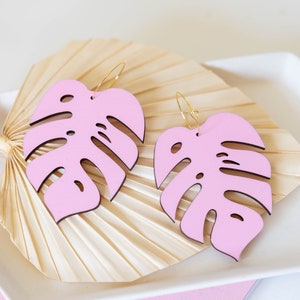 Oversize Baby Pink Monstera Hoops, Hand Painted Wooden Tropical Earrings image 1