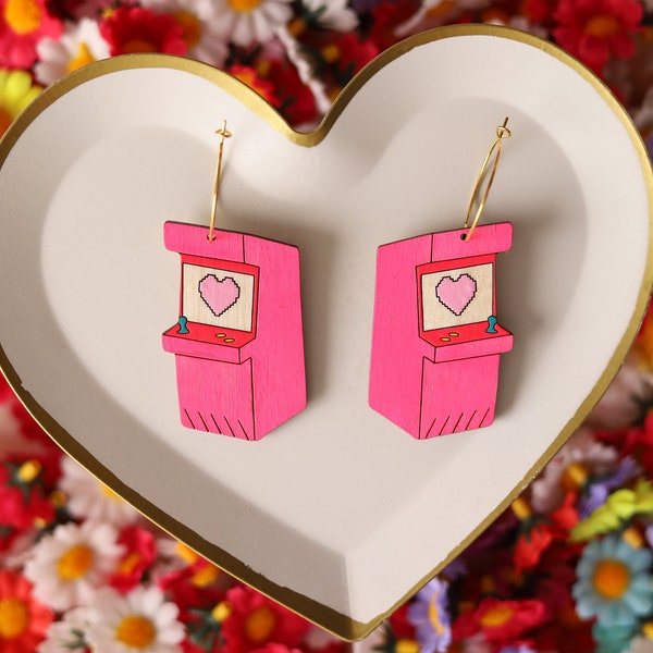 Gamer Girl Neon Pink Arcade Earrings, Old Fashioned Video Game Machine Hoops, Pixelated Heart Game Console Earrings, Gamer Girl Jewelry