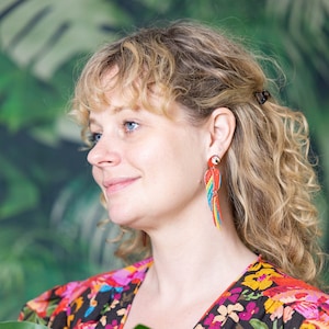 Red Macaw Earrings, Tropical Parrot Stud Dangles, Statement Earrings