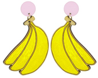 Handmade Banana Stud Dangle Earrings, Laser Cut Hand Painted Earrings, Tropical Fruit Hoops, Chiquita Banana