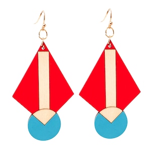 Art Deco Statement Dangle Earrings, Red Turquoise, Hand Painted Wood Earrings