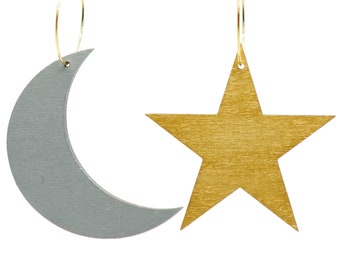 Star and Moon Hoop Earrings, Gold and Silver, Astrology Earrings, Astronomy Jewelry