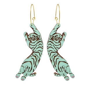 Mint Tiger Hoop Earrings, Light Blue Hand-Painted Tiger Earrings, Mint Green Wood Hoops image 2