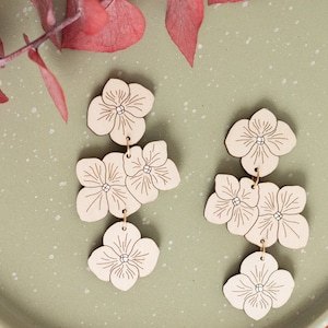 Hydrangea Statement Earrings, White Shimmery Spring Flower Earrings, Hand Painted Wooden Bridal Earrings, Eco Friendly image 1