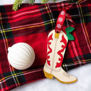 Holly Cowboy Boot Ornament, Cowgirl Boot Hand-Painted Wood Christmas Decor