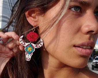 Hand-Painted Cow Skull Rose Dangle Earrings, Southwestern Red and Turquoise Earrings, Coastal Cowgirl
