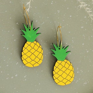 Hand-Painted Pineapple Hoop Earrings, Sustainable Wood Tropical Fruit Earrings