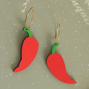 Hand-Painted Chili Pepper Hoop Earrings: 18k Gold-Plated Hoops