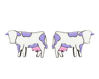 Lilac Cow Stud Earrings, Hand-Painted Wooden Cow Studs, Handmade Dairy Cow Hypoallergenic Studs