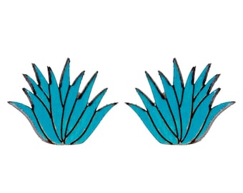 Hand-Painted Agave Stud Earrings: Turquoise Desert Succulents, Hypoallergenic, Stainless Steel Studs
