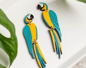 Blue Macaw Earrings, Tropical Parrot Stud Dangles, Statement Earrings