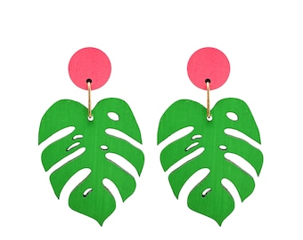 Statement Monstera Leaf Tropical Earrings, Laser Cut Botanical Wood Earrings, Tropical Jewelry, Swiss Cheese Plant Earrings, Mother&#39;s Day