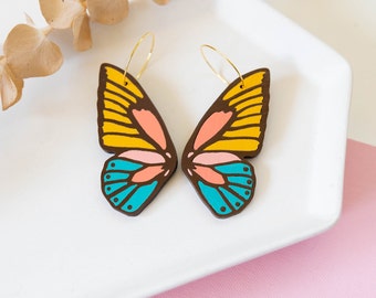 70s Butterfly Wing Hoop Earrings, Hand Painted Wooden Butterflies Hoops, Retro Insect Earrings, Statement Butterfly Earrings