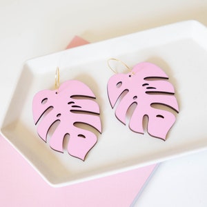 Oversize Baby Pink Monstera Hoops, Hand Painted Wooden Tropical Earrings image 3