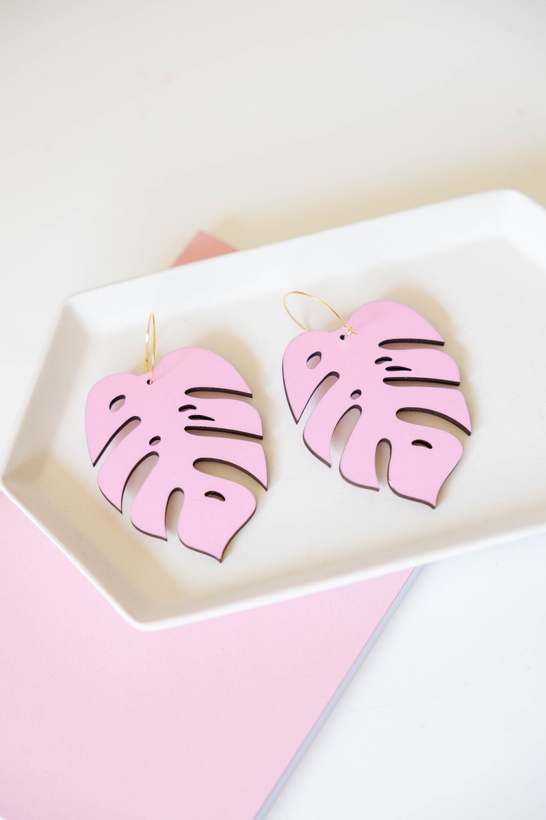 Oversize Baby Pink Monstera Hoops, Hand Painted Wooden Tropical Earrings image 3