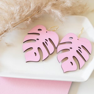 Oversize Baby Pink Monstera Hoops, Hand Painted Wooden Tropical Earrings image 5