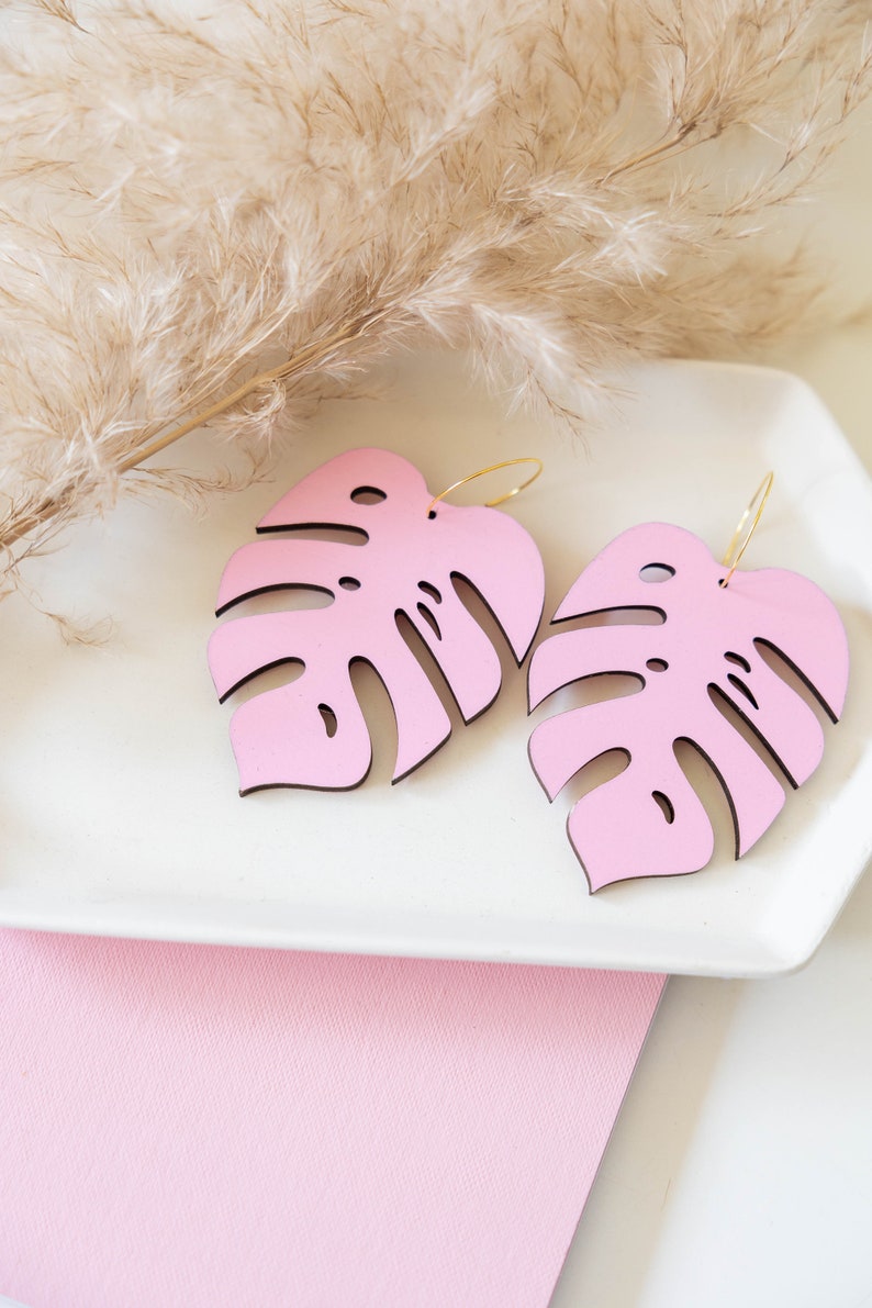 Oversize Baby Pink Monstera Hoops, Hand Painted Wooden Tropical Earrings image 5