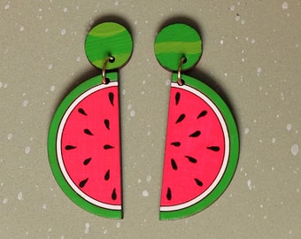 Hand-Painted Watermelon Statement Earrings, Sustainable Wood Earrings