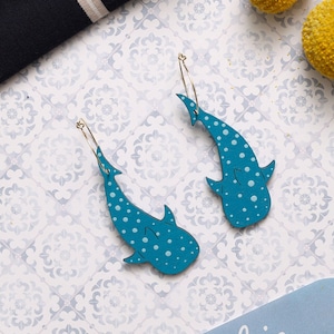 Whale Shark Hoop Earrings, Under the Sea Hand-Painted Wood Earrings, Mermaidcore