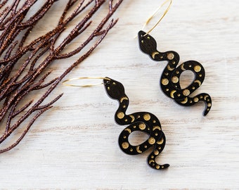 Moon Phases Snake Hoop Earrings, Hand-Painted Black and Gold Snake Hoops, Halloween Snakes