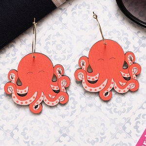 Bright Coral Octopus Hoop Earrings, Mermaidcore Fashion Hand-Painted Wood Earrings