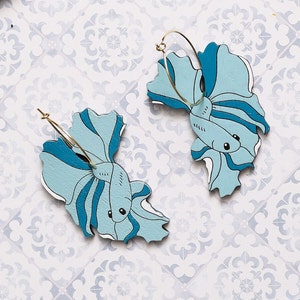 Blue Betta Fish Hoop Earrings, Under the Sea Hand-Painted Wood Earrings, Mermaidcore