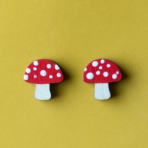 Hand Painted Wooden Mushroom Earrings,  Handmade Magic Mushroom Studs, Hypoallergenic Posts, Red Fungi
