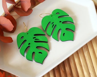 Oversized Green Monstera Leaf Hoops, Hand Painted Wooden Monstera Leaf Earrings, Statement Tropical Swiss Cheese Plant Hypoallergenic Hoops