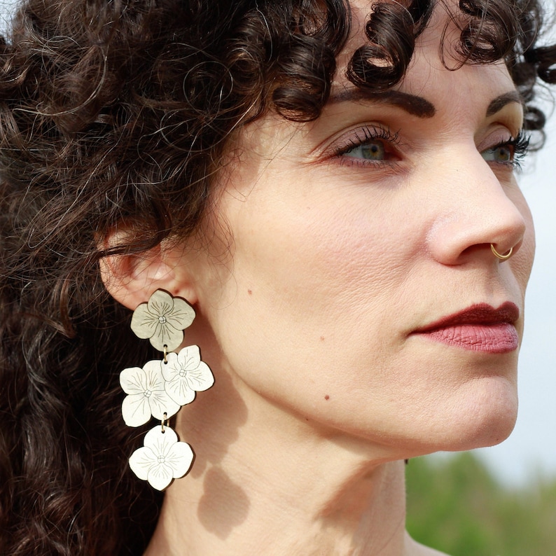 Hydrangea Statement Earrings, White Shimmery Spring Flower Earrings, Hand Painted Wooden Bridal Earrings, Eco Friendly image 2