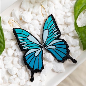 Blue Fantasy Butterfly Hoop Earrings, Morpho Butterfly Hoops