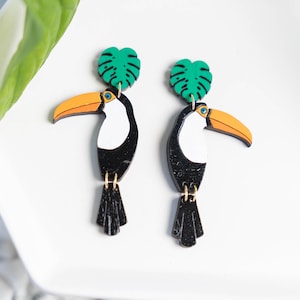 Toco Toucan Stud Dangles, Tropical Bird Earrings, Hand-Painted Wood Jewelry