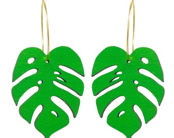 Tropical Monstera Leaf Hoop Earrings, Plant Jewelry, Leaf Earrings, Botanical Hoop Earrings, Bright Green Leaf Earrings, Mother's Day Gift