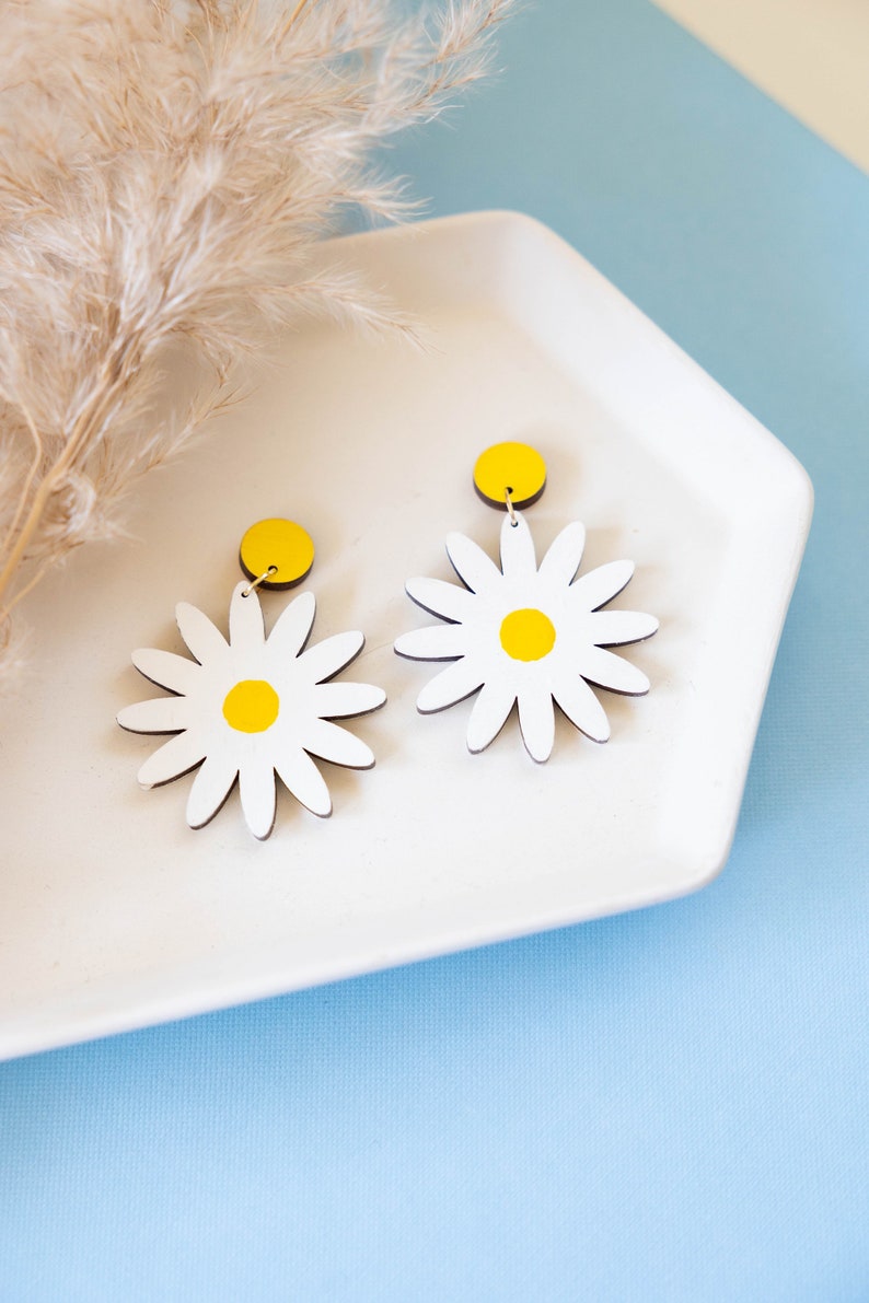 Giant Daisy Earrings, 60's/70's Style Dangle Earrings, Hand Painted Hippie Daisy Earrings, Large Daisy Earrings, Gifts for Her image 1