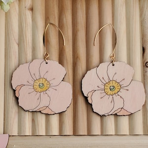 Pink Poppy Earrings, Statement Flower Earrings, Hand Painted Wood Dangles