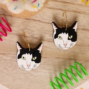 Black & White Cat Hoops, Tuxedo Kitten Earrings