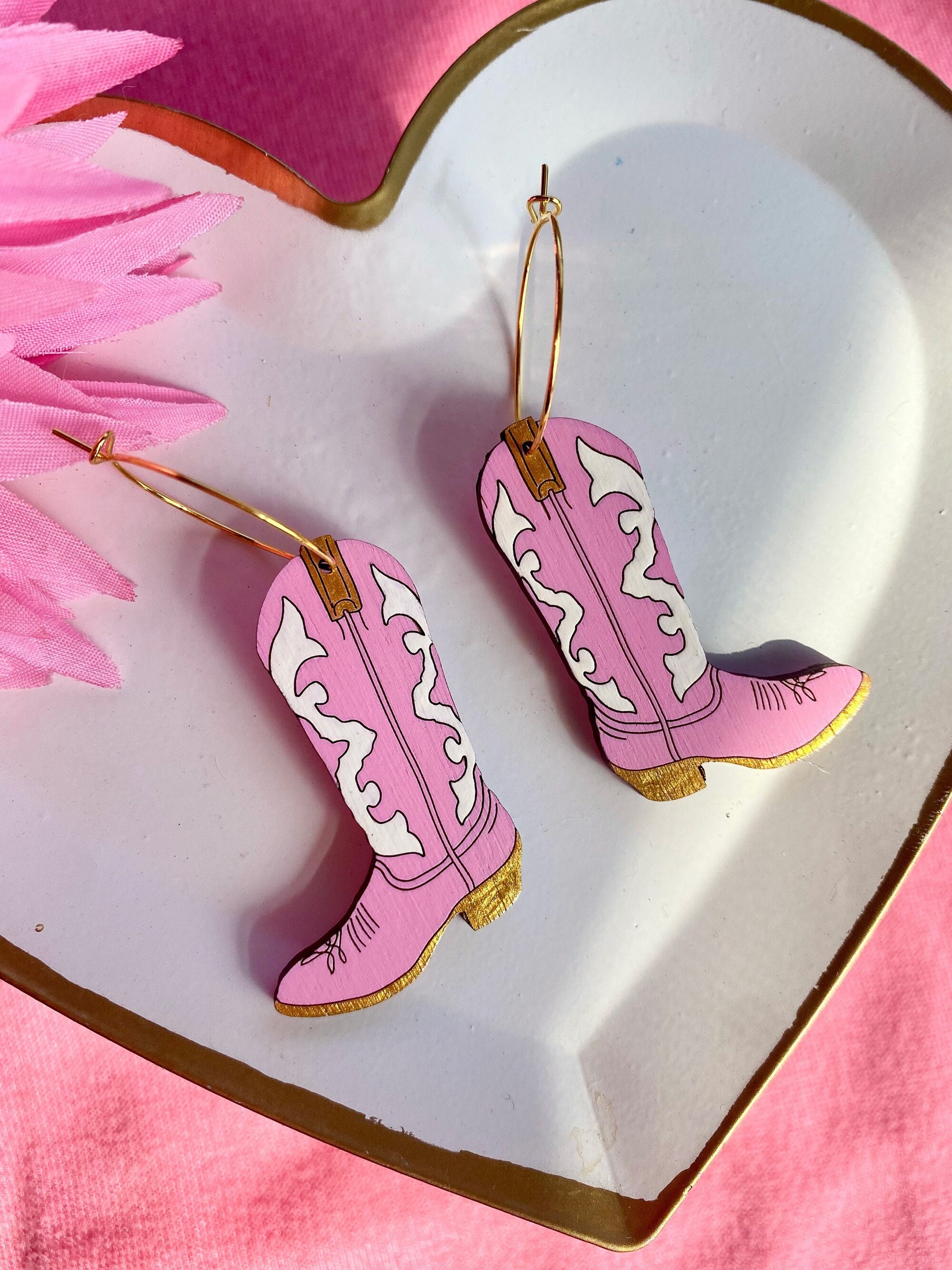 Pink Cowgirl Boot Earrings: Hand-Painted Southwestern Hoops