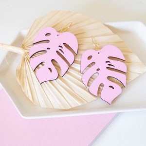 Oversize Baby Pink Monstera Hoops, Hand Painted Wooden Tropical Earrings image 4