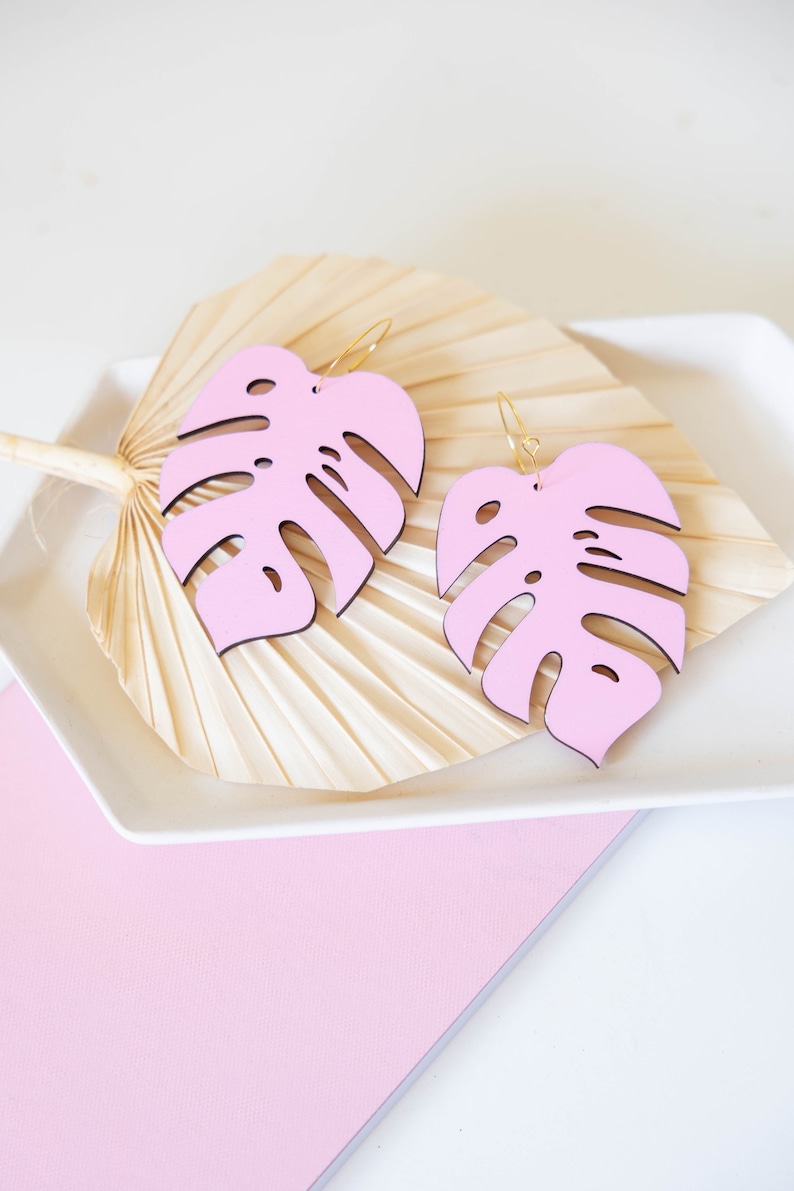 Oversize Baby Pink Monstera Hoops, Hand Painted Wooden Tropical Earrings image 4