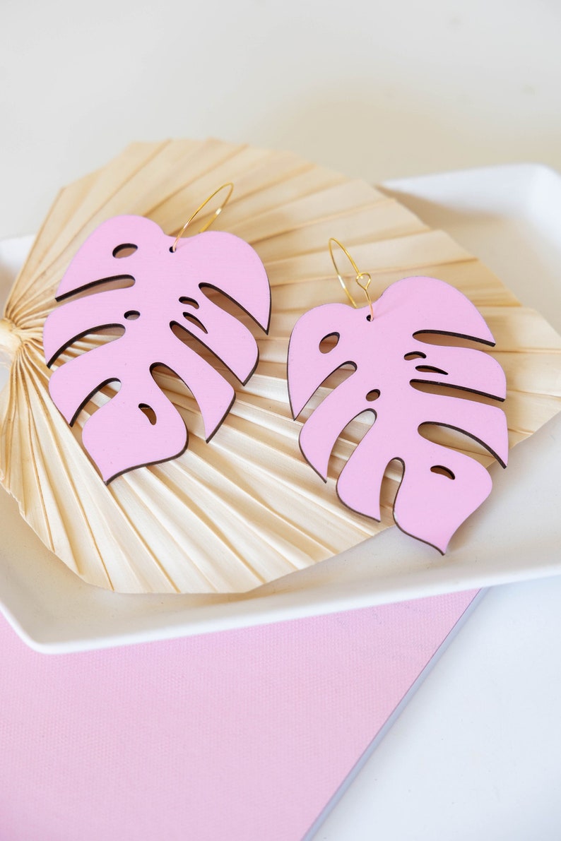 Oversize Baby Pink Monstera Hoops, Hand Painted Wooden Tropical Earrings image 1