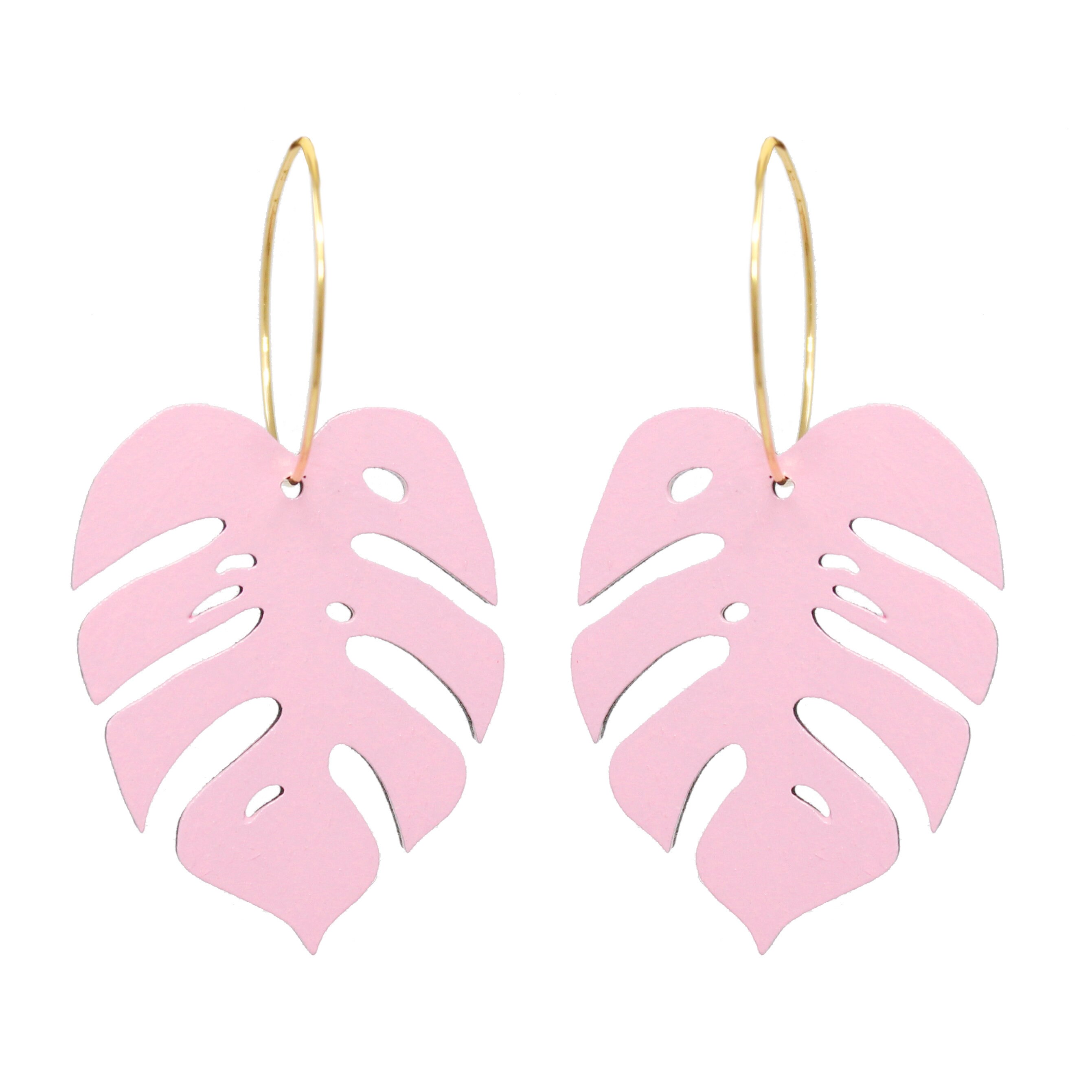 Baby Pink Monstera Hoop Earrings, Millennial Pink Monstera Earrings, Monstera Monday Jewelry, Miami Tropical Hoops, Christmas Gift for Her