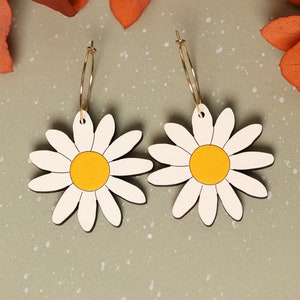 70s Daisy Hoop Earrings, Hand-Painted Wood Earrings