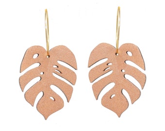 Rose Gold Monstera Hoops, Hand Painted Wooden Earrings, Classy Tropical Vacation, Swiss Cheese Plant, Mother&#39;s Day Gift